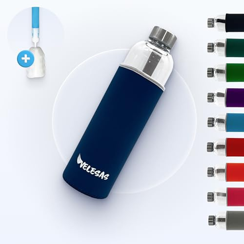 Velesas® Trinkflasche 1l | 500ml mit Schutzhülle | Glasflasche 1l spülmaschinenfest mit Neoprenhülle und Edelstahldeckel | Wasserflasche für Schule, Arbeit, Fitnesssport, BPA-Frei | Blau