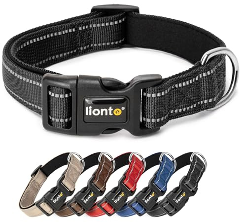 lionto Collier pour Chien en Nylon résistant, Taille XS, Collier Doux et rembourré, réfléchissant à 360°, avec Fermeture à Clip, Anneau métallique et réglage continu, Noir