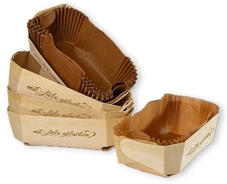 hello sweety Marcel Paa Holzbackform Holzbackkörbchen für Brot und Gebäck 18,5x11,5x6 cm (10 Stück und 10 Stück Einlegepapiere)