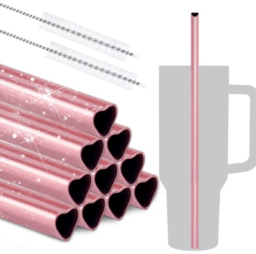 NiHome Cannucce a forma di cuore da 30,5 cm, in acciaio inox, per bicchieri Stanley, 1134 g, confezione da 10 con 2 spazzole per la pulizia, riutilizzabili per bevande calde e fredde, lavabili in