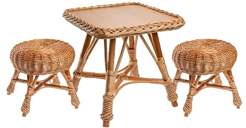 BOGATECO Ensemble de meubles en osier écologique pour enfants : table et 2 tabourets, robuste et sûr, idéal pour la maison et le jardin