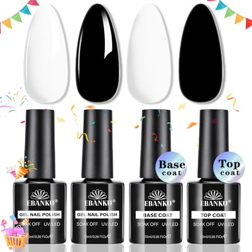 EBANKU Base Coat Top Coat Nagellack Set, 4 Stück Schwarz Weißes Farben mit No Wipe Unterlack & Überlack Set Soak Off UV/LED Nagellack Gel Geschenk für Nagelstudio DIY Home