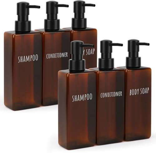 Segbeauty Duschgel Spender, 6 Stück Pumpflasche 500ml, Shampoo Flaschen zum Befüllen, Seifenspender Braun mit Bedruckten Etiketten, Badezimmer Seifenspender Set (Braun)