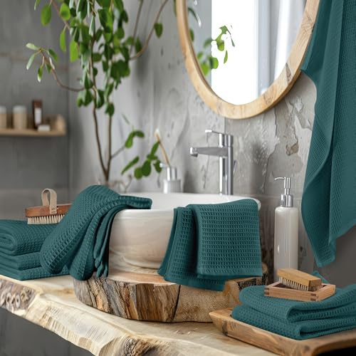 Set Asciugamani Da Bagno Nido D'ape In Puro Cotone Asciugamano Super Assorbenti Asciugatura Extra Rapida Morbidi Telo Doccia Salvietta Viso Salviette Ospite Lavette Nido Ape - Petrolio - 3 Pezzi