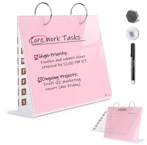 Desktop Glass Dry Erase & Acrylic Aesthetic Desk Calendar Weekly to-do List Combo, Small Magnetic Standing Whiteboard, Desk Flip Easel Calendar with Accessories for Home Office Supply, Pink, 9 x 7''