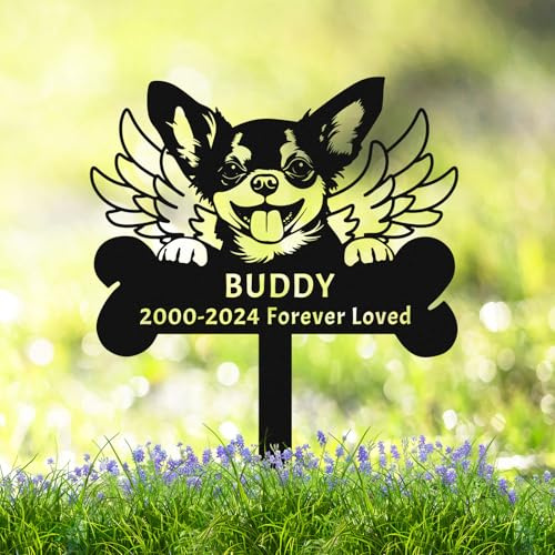 Personalized Chihuahua Dog Memorial Grave Marker Metal Garden Decor Sign with Stake, Custom Dog Memorial Stake with Wings Dog Sympathy Gift Pet Loss Burial Stake, Customized Memorial Plaque