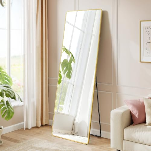 SONGMICS Specchio a Figura Intera, 160 x 50 cm, Specchio da Terra Rettangolare con Supporto, Cornice in Lega di Alluminio, Vetro Temperato, Camera da Letto Soggiorno, Oro Pallido LFM030A01