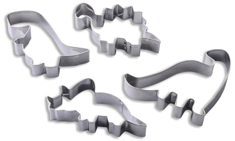 Zenker Juego de 4 moldes de dinosaurios de acero inoxidable, perfectos para sesiones creativas con niños, aptos para lavavajillas, diseño de dinosaurio, color plateado