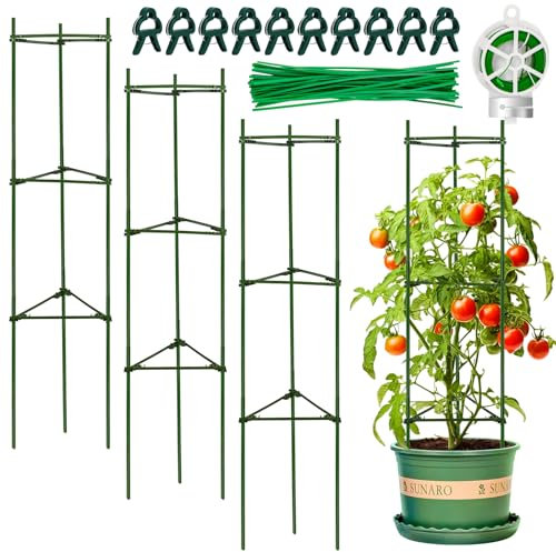 Hysagtek 3 Pcs Tomato Cages Trellis for Climbing Plants, Adjustable Frame Plant Supports for Outdoor Plants - Includes 50 Ties 10 Clips 50m Plant twine Wire Ties Tomato Trellis System Cucumber Trellis