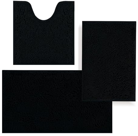 placeroom Bathroom Mat Set of 3, Bath and Toilet Mat Set,Ultra Soft Chenille Bath Mat Non Slip,Bath Mat Sets 3 Piece Washable,Super-Absorbent Bath(Black bath set)