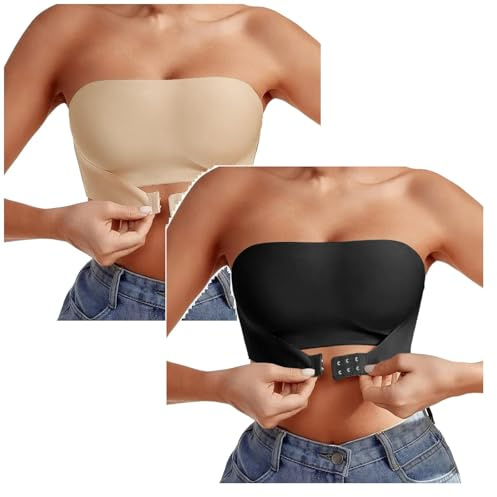 Generico 2 Paia Reggiseno Senza Spalline Donna Push Up con Fascia Antiscivolo per Seno Grande Reggiseni Senza Ferretto Invisibile Taglie Forti Multiuso con Ferretto Coppe Modellate
