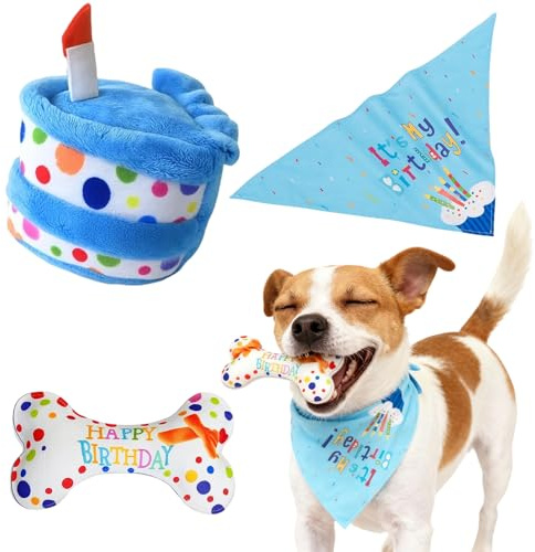 HundeGeburtstag, 3er Set Geschenke für Hunde, Plüschtier Hundekuchen, Knochen und Halstuch, ZuverläSsige Kleine Und Mittlere Haustiere Kauen Spielzeug