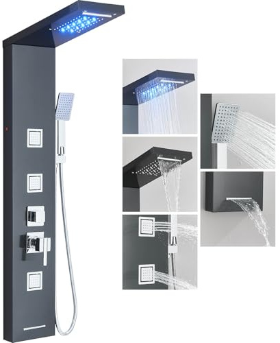 Sistema de Panel de Ducha LED Columna Ducha Hidromasaje Panel de ducha de acero inoxidable con Lluvia, Cascada, Masaje y ducha de mano Negro 8126