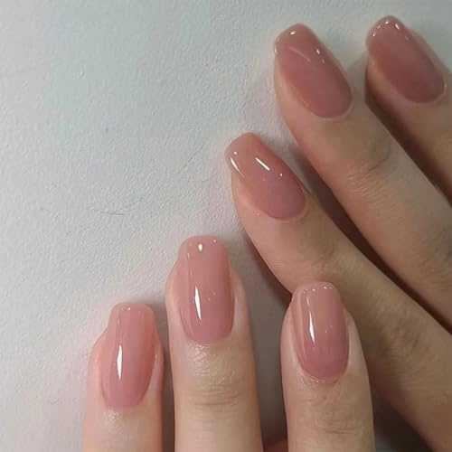 Pink Press on Nails - 24PCS French Nude Pink Fake Nails - Acrylic Full Cover Glue on Nails - Full Cover Stick on Nail Shiny Artificial Nail for Women
