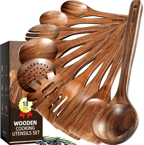 Kikcoin 10 PCS Durable Natural Teak Wooden Cooking Utensil Set, Non Toxic Wooden Spoons for Cooking, Wooden Utensil Set for Cooking with Comfort Grip, Nonstick & Easy to Clean Wood Kitchen Utensil Set