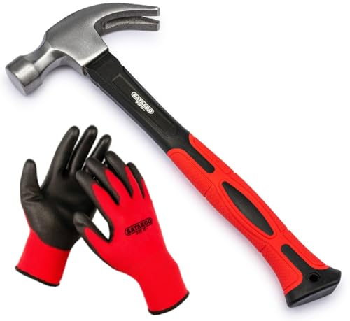 20oz Claw Hammer, Forged Steel, Heavy Duty with Fibreglass Handle and Non-Slip Rubber Grip, Work Gloves Included - Suitable for Carpentry and DIY