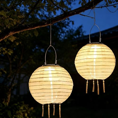 Hojalis Solar Lampions Außen Wetterfest, 2 Stück 25cm Lampions Solar Outdoor, Nylon Hängende Solarbetrieben Gartenlaterne, Solar LED Laterne für Garten, Hof, Balkonen und Festdekoration(Warmweiß)
