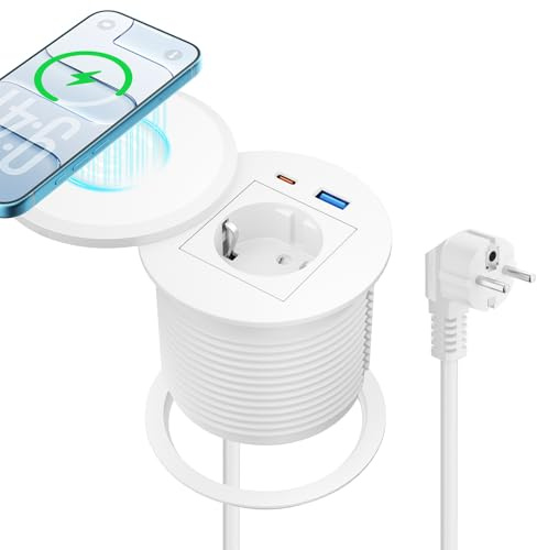 Enchufe empotrable con USB-C PD 30W, Carga inalámbrica 15W, Ø80 mm | Regleta empotrable con 1 toma, USB-A QC18W, tapa giratoria antipolvo, cable 2 m, escritorio, cocina y encimera, blanco