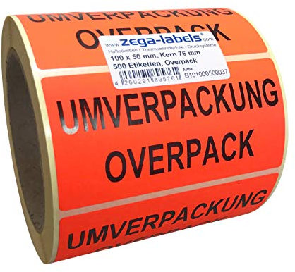 Warnetiketten auf Rolle - Umverpackung/Overpack - 500 Stück je Rolle - 100 x 50 mm - Leuchtrot Haftpapier stark haftend - Versandaufkleber
