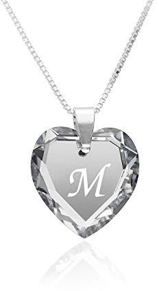 Damen Halskette 925 Silber mit SWAROVSKI ELEMENTS Herz Anhänger und Buchstabengravur A - Z, Herzkette als Geschenk für die Frau, Freundin oder zum Valentinstag