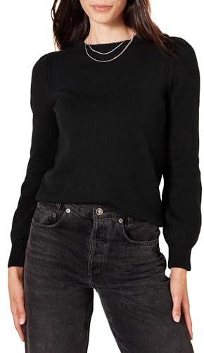 Amazon Essentials Jersey con Cuello Redondo y Hombros Plisados de Tacto Suave Mujer, Negro, M