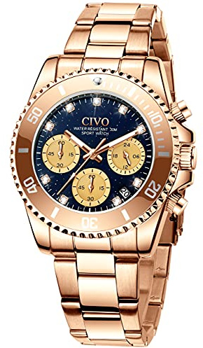 CIVO Womens Watch Rose Gold Analog Quartz Chronograph Stainless Steel Strap Waterproof Wristwatches Fashion