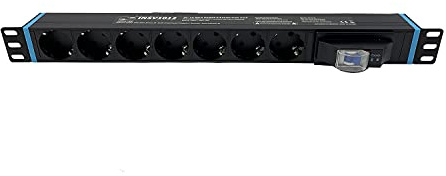 Infitronic INSV1012 19 Zoll PDU 1HE, 7-Fach Steckdosenleiste mit FI/LS-Schutzschalter, Aluminium Schwarz, 3680W 16A, 2m Kabel, ideal für Server- & Netzwerkschränke, Rechenzentrum & Labor