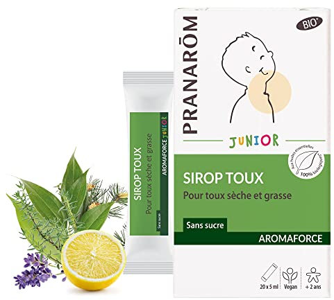 PRANARÔM - Aromaforce Junior - Sirop Toux Sèche Et Grasse Enfant - Aux Huiles Essentielles - 100% Bio - Vegan - Sans Sucre - Sans Gluten - Dès 2 Ans - Format Stick Nomade - Goût Vanille - 20 x 5 ml