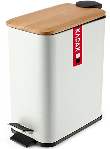 KADAX Abfallbehälter aus pulverbeschichtetem Stahl, Eimer mit Kübel und Fußpedal, Abfalleimer mit Absenkautomatik, Mülleimer mit Bambusdeckel (5L, Weiß, rechteckig)