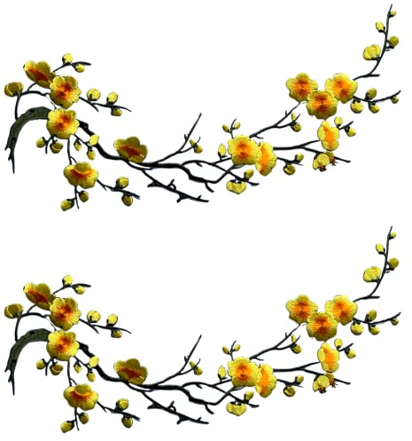 CHENGZI Pflaumenblüten-Blumen-Stickerei-Patches Applique Stoff-Sticker Handwerk Nähen Reparatur Dekoration, 2er-Set (Gelb)