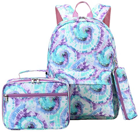 SIVENKE School Backpack 3Pcs Set with Lunch Bag & Pen Case, Tie Dye Bookbags for Girls Boys in Middle School 15.6in Laptop Daypack