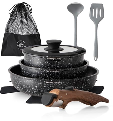 Kitchen Academy Non Stick Cookware Set, 10 Piece Granite-Coated Induction Pots and Pans Set with Detachable Handle, Stackable RV Cooking Set for Camping, Camp, Black