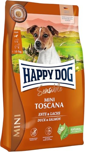 Happy Dog Sensible Mini Toscana Ente & Lachs, 4 kg | Trockenfutter mit Ente & Lachs – Weizenfrei, kleine Kroketten, für kleine Hunde, 7,5% Fett