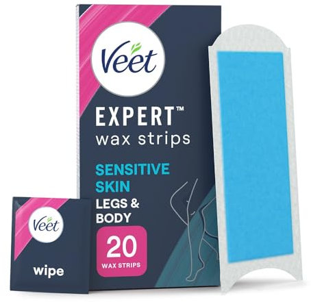 Veet Expert Cold Wax for Sensitive Skin, Hair Removal On Legs & Body, 20 Strips + 2 Finish Wipes, Effective for Men, Smooth Results