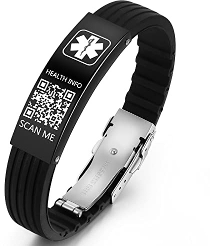 Theluckytag Medizinisches Armband mit QR-Code-Notfall-ID, aus Silikon, wasserdicht, passt bis 22,9 cm Handgelenk, Notfallinfo, mehr Platz, für Sport, Jungen/Mädchen/Damen/Herren