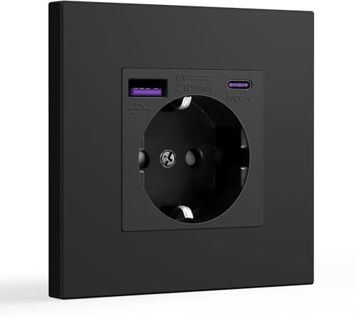 BSEED Steckdose USB C 20W Schnellladen, USB Steckdose unterputz mit Type C, PC Panel Steckdosen Kindersicherung, Einbausteckdose, Wandsteckdose, Schwarz - 86mm