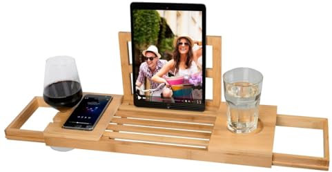 alpina Vassoio Vasca da Bagno Regolabile - Vassoio Portaoggetti 50-92 x 18 x 4 cm - Mobile Bagno Bambù con Supporto per Libri e Supporto per Tablet - Incl. Porta Bicchieri - Accessori Bagno