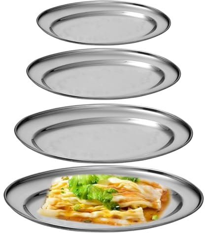 4 Piezas Acero Inoxidable Bandeja, Bandejas De Servir Oval, Bandeja De Servir De Acero Inoxidable Cuenco Ovalado Para Colocar Comida Gourmet, Bandejas De Cocina, Suministros De Restaurante (Plateado)