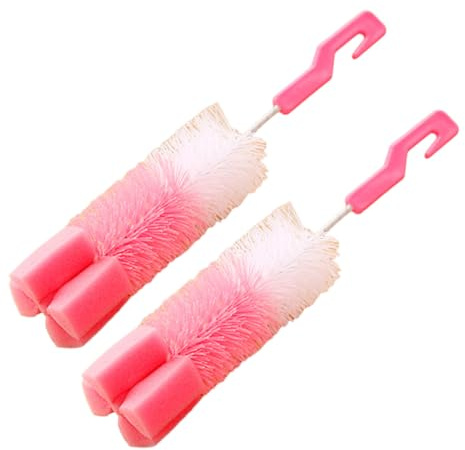 Brosse de Nettoyage pour Biberons 2 Pièces, Tête Éponge Rose | Manche Plastique, Col Flexible, Crochet Suspendre, Séchage Rapide, Nettoyage Soigné pour Usage de Lavage Couleur Aléatoire