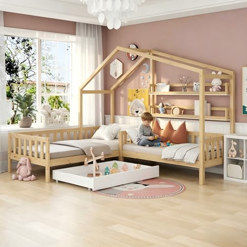 Lexiou Cama Infantil casa con cajones y estantes, Madera Maciza con Valla y somier, Estructura en L (Natural)