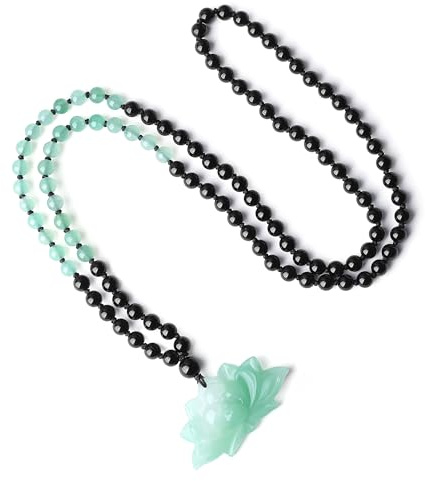 COAI Collana Rosario Uomo Donna, Collana Mala 108 Grani di Onice Nero e Avventurina Annodati a Mano con Ciondolo Fiore di Loto di Avventurina Verde