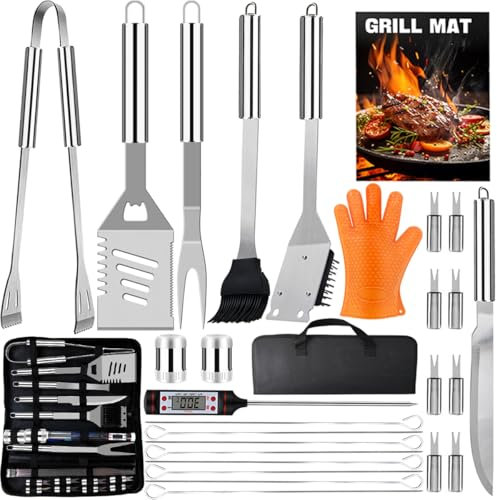 28Pcs Set BBQ Accessori Barbecue Utensili Professionali in Acciaio Inox, Pratico Kit Attrezzi Barbecue Cucina con Borsa Portatile, Griglia Barbecue Accessori Camping, Regalo Compleanno Uomo e Papa