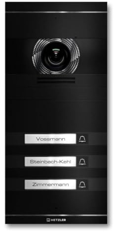 Metzler VDM10 2.0 Video Sprechanlage mit Türöffner (Stromversorgung) & Namensschild - Anschluss 2-Draht - Türsprechanlage mit HD-Kamera, für 3 Familienhaus, in Schwarz aus V2A Edelstahl