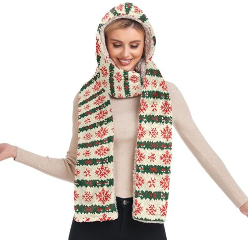 Hoodie Schal Wintermütze und Schal in 1 Kapuzenschal für Damen, Rote Schneeflocke, grüne Weihnachten, Einheitsgröße