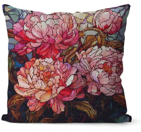 Huacan Kreuzstich Kissen Set Vorgedruckt Blumen Stickset DIY Blume Gebastelt Kissenbezug ohne Kissenkern für Anfänger Erwachsene 45x45cm