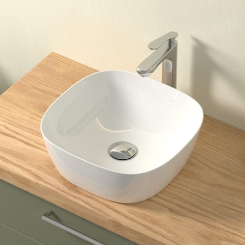 CASAMO Aufsatzwaschbecken Klein mit Lotus- Effekt, Waschbecken ohne Hahnloch, Waschschale aus Keramik für Gäste-WC & Bad, Weiß Hochglanz, 40 x 40 x 14,5 cm