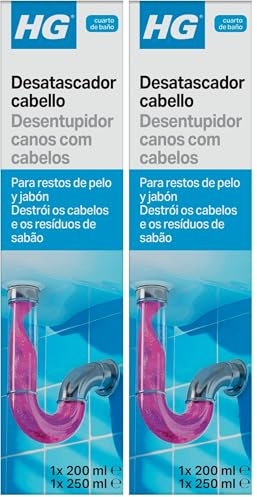 HG Desatascador Cabello, Desatascador de Desagües Profesional, Destapa Cañerías y Limpia Tuberías de Duchas, Bañeras y Fregaderos, Desatasca los Tapones de Pelo, 200 ml + 250 ml (Paquete de 2)