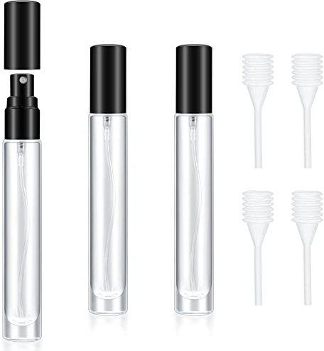 4 Pcs 10ml Portable Travel Perfume Atomiser Refillable Perfume Bottle Spray Bottles, Small Glass Aftershave Travel Bottle Atomizer Dispenser for Women Men Pocket Handbag, with 4 Drippers(Black)