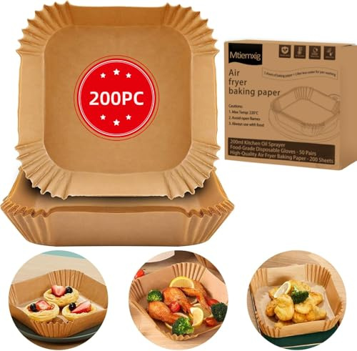 Mtiemxig 200 Fogli da forno per friggitrice ad aria 24cm*20cm*4,5cm | Fogli da forno usa e getta per alimenti antiaderenti fino a 220°C | Adatti a tutte le marche di fogli da forno
