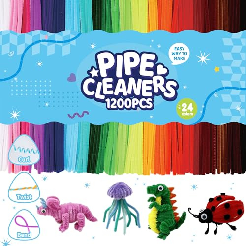 1200 Pcs Pipe Cleaners Bulk, 24 Colors Fuzzy Chenille Stems, Thick Fuzzy Sticks for DIY Arts Crafts, Room Decor, Creative School Projects, Party Decorations, Christmas Crafts, Creative Wiggle Stems